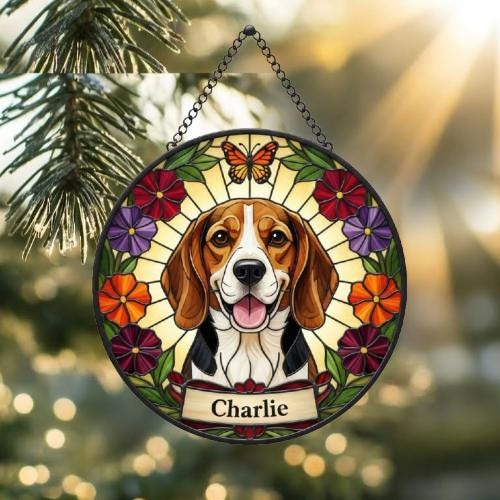 Custom Beagle  Dog Portrait Stained Glass Suncatcher, Pet Memorial Stained Glass Suncatcher, Dog Loss Keepsake, Pet Loss Gift - image 2