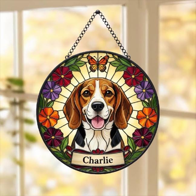 Custom Beagle  Dog Portrait Stained Glass Suncatcher, Pet Memorial Stained Glass Suncatcher, Dog Loss Keepsake, Pet Loss Gift