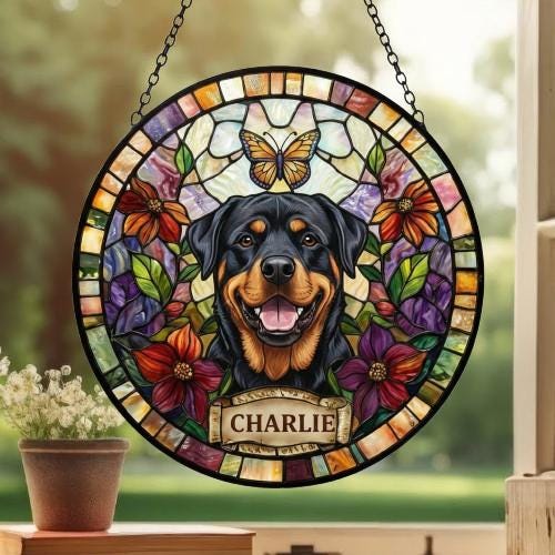 Custom Rottweiler Dog Portrait Stained Glass Suncatcher, Pet Memorial Stained Glass Suncatcher, Dog Loss Keepsake, Pet Loss Gift - image 3