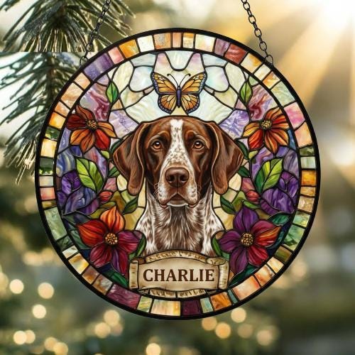Custom German Shorthaired Pointer Dog Portrait Stained Glass Suncatcher, Pet Memorial Stained Glass Suncatcher, Pet Loss Gift - image 2