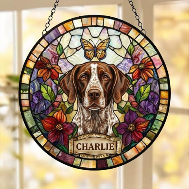 Custom German Shorthaired Pointer Dog Portrait Stained Glass Suncatcher, Pet Memorial Stained Glass Suncatcher, Pet Loss Gift