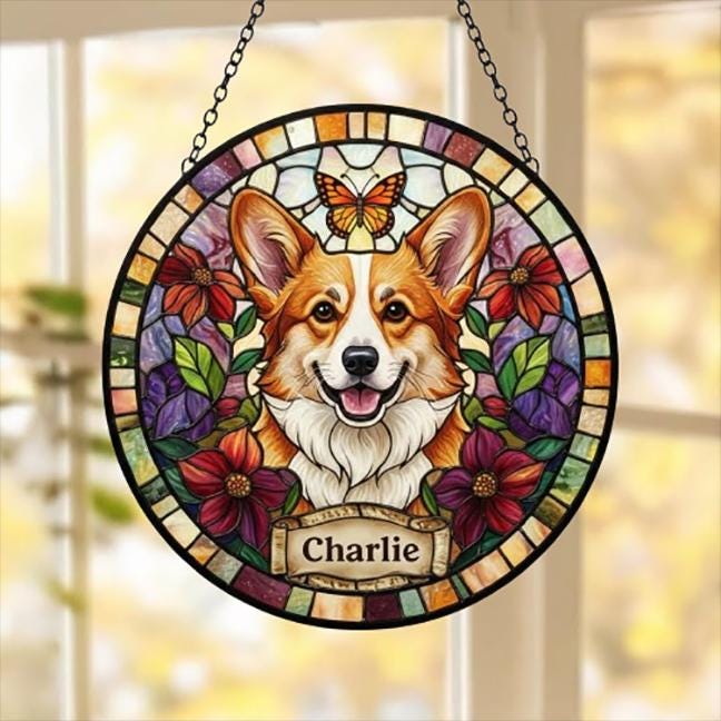 Custom Pembroke Welsh Corgi Dog Portrait Stained Glass Suncatcher, Pet Memorial Stained Glass Suncatcher, Dog Loss Keepsake, Pet Loss Gift