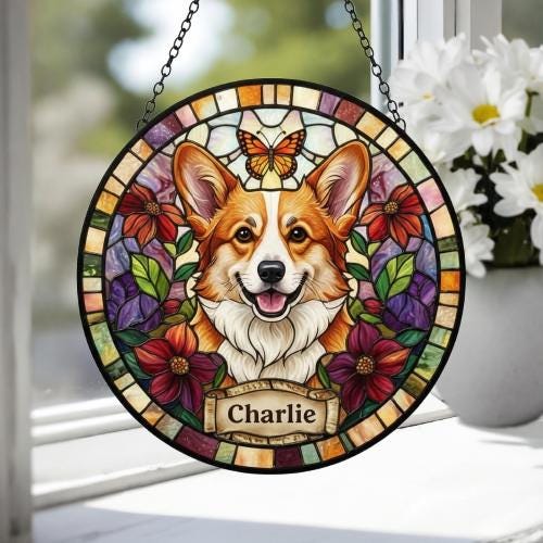 Custom Pembroke Welsh Corgi Dog Portrait Stained Glass Suncatcher, Pet Memorial Stained Glass Suncatcher, Dog Loss Keepsake, Pet Loss Gift - image 4