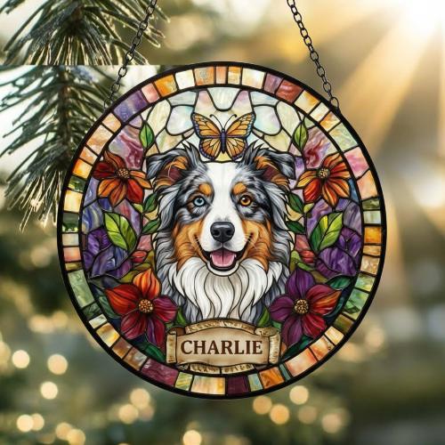 Custom Australian Shepherd Dog Portrait Stained Glass Suncatcher, Pet Memorial Stained Glass Suncatcher, Dog Loss Keepsake, Pet Loss Gift - image 2