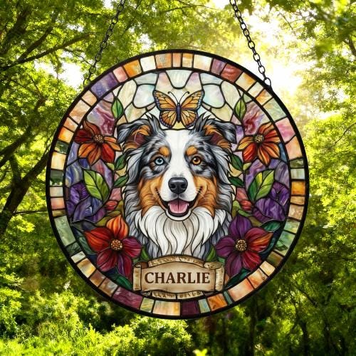 Custom Australian Shepherd Dog Portrait Stained Glass Suncatcher, Pet Memorial Stained Glass Suncatcher, Dog Loss Keepsake, Pet Loss Gift - image 5