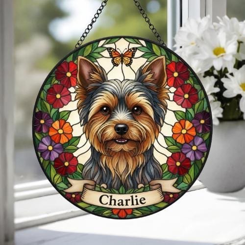 Custom Yorkshire Terrier Dog Portrait Stained Glass Suncatcher, Pet Memorial Stained Glass Suncatcher, Dog Loss Keepsake, Pet Loss Gift - image 4