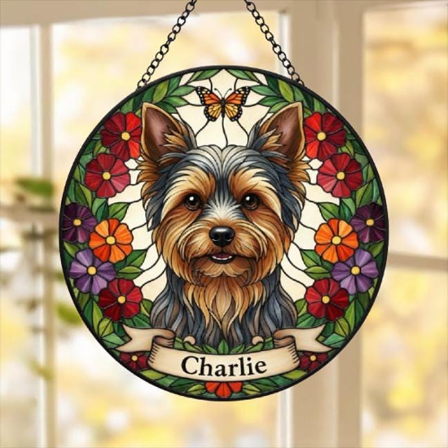 Custom Yorkshire Terrier Dog Portrait Stained Glass Suncatcher, Pet Memorial Stained Glass Suncatcher, Dog Loss Keepsake, Pet Loss Gift