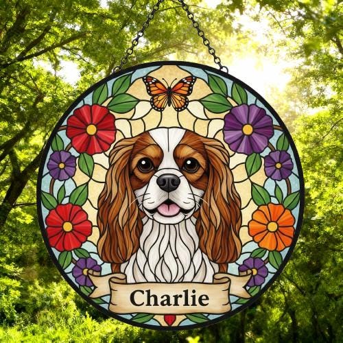 Custom Cavalier King Charles Spaniel Dog Portrait Stained Glass Suncatcher, Pet Memorial Stained Glass Suncatcher, Dog Loss Keepsake - image 5