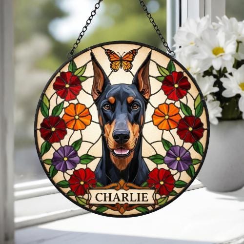 Custom Doberman Pinscher Dog Portrait Stained Glass Suncatcher, Pet Memorial Stained Glass Suncatcher, Dog Loss Keepsake - image 4