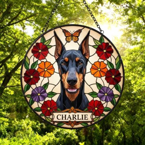Custom Doberman Pinscher Dog Portrait Stained Glass Suncatcher, Pet Memorial Stained Glass Suncatcher, Dog Loss Keepsake - image 5
