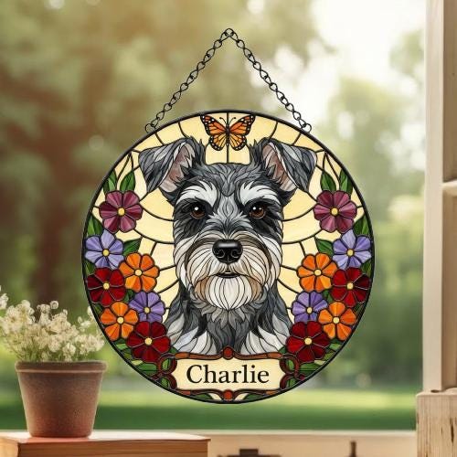 Custom Miniature Schnauzer Dog Portrait Stained Glass Suncatcher, Pet Memorial Stained Glass Suncatcher, Dog Loss Keepsake, Pet Loss Gift - image 3