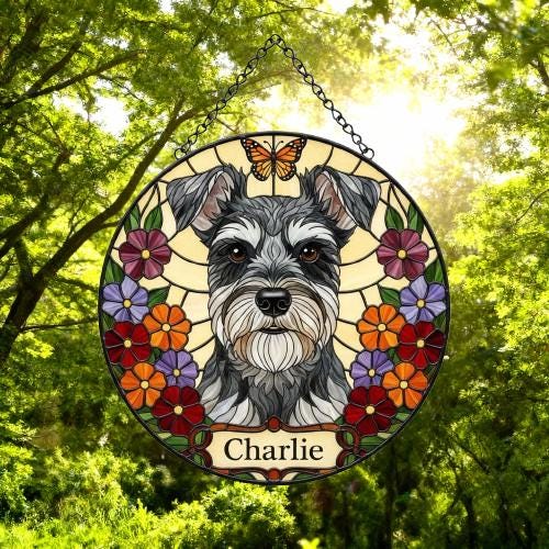 Custom Miniature Schnauzer Dog Portrait Stained Glass Suncatcher, Pet Memorial Stained Glass Suncatcher, Dog Loss Keepsake, Pet Loss Gift - image 4