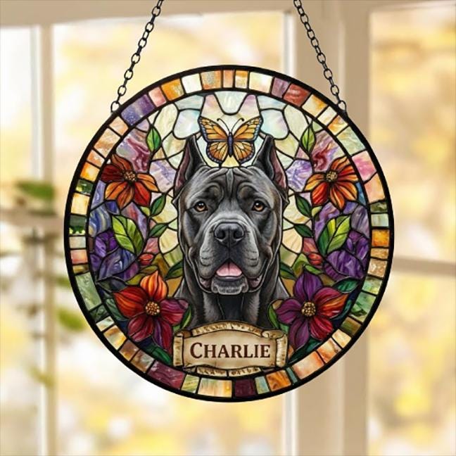 Custom Cane Corso Dog Portrait Stained Glass Suncatcher, Pet Memorial Stained Glass Suncatcher, Dog Loss Keepsake, Pet Loss Gift