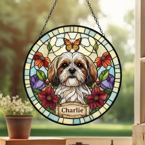 Custom Shih Tzu dog Portrait Stained Glass Suncatcher, Pet Memorial Stained Glass Suncatcher, Dog Loss Keepsake, Pet Loss Gift - image 2