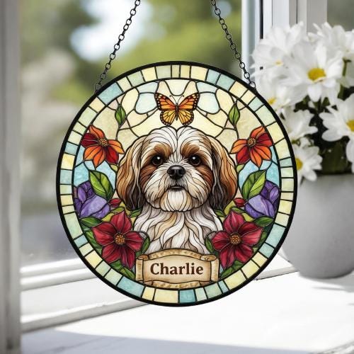 Custom Shih Tzu dog Portrait Stained Glass Suncatcher, Pet Memorial Stained Glass Suncatcher, Dog Loss Keepsake, Pet Loss Gift - image 3