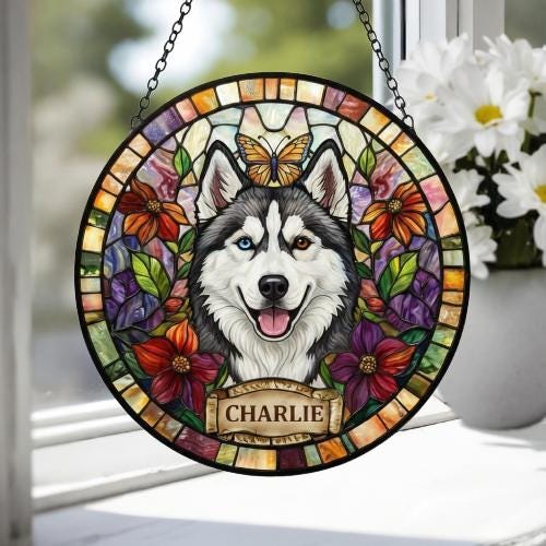 Custom Siberian Husky dog Portrait Stained Glass Suncatcher, Pet Memorial Stained Glass Suncatcher, Dog Loss Keepsake, Pet Loss Gift - image 4