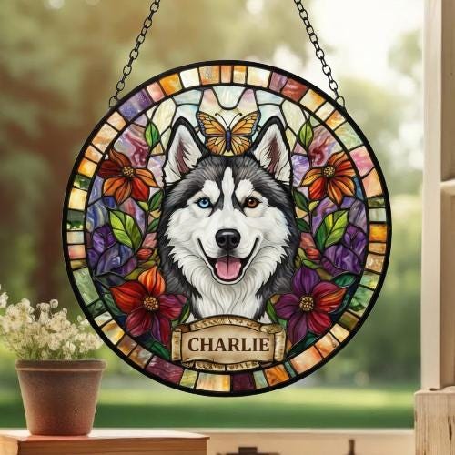 Custom Siberian Husky dog Portrait Stained Glass Suncatcher, Pet Memorial Stained Glass Suncatcher, Dog Loss Keepsake, Pet Loss Gift - image 3