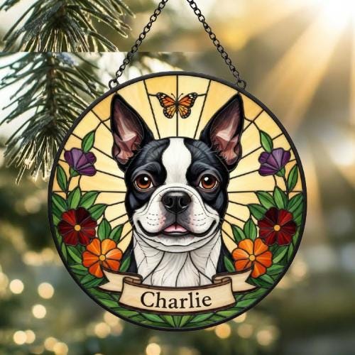 Custom Boston Terrier dog Portrait Stained Glass Suncatcher, Pet Memorial Stained Glass Suncatcher, Dog Loss Keepsake, Pet Loss Gift - image 2