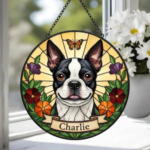 Custom Boston Terrier dog Portrait Stained Glass Suncatcher, Pet Memorial Stained Glass Suncatcher, Dog Loss Keepsake, Pet Loss Gift - image 4