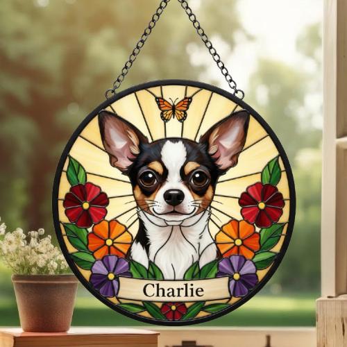 Custom Chihuahua dog Portrait Stained Glass Suncatcher, Pet Memorial Stained Glass Suncatcher, Dog Loss Keepsake, Pet Loss Gift - image 3