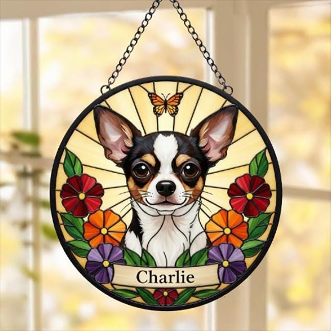 Custom Chihuahua dog Portrait Stained Glass Suncatcher, Pet Memorial Stained Glass Suncatcher, Dog Loss Keepsake, Pet Loss Gift