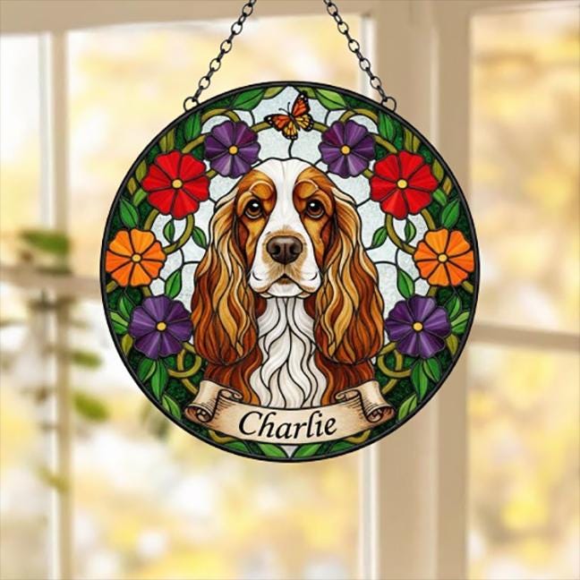 Custom Cocker Spaniel dog Portrait Stained Glass Suncatcher, Pet Memorial Stained Glass Suncatcher, Dog Loss Keepsake, Pet Loss Gift
