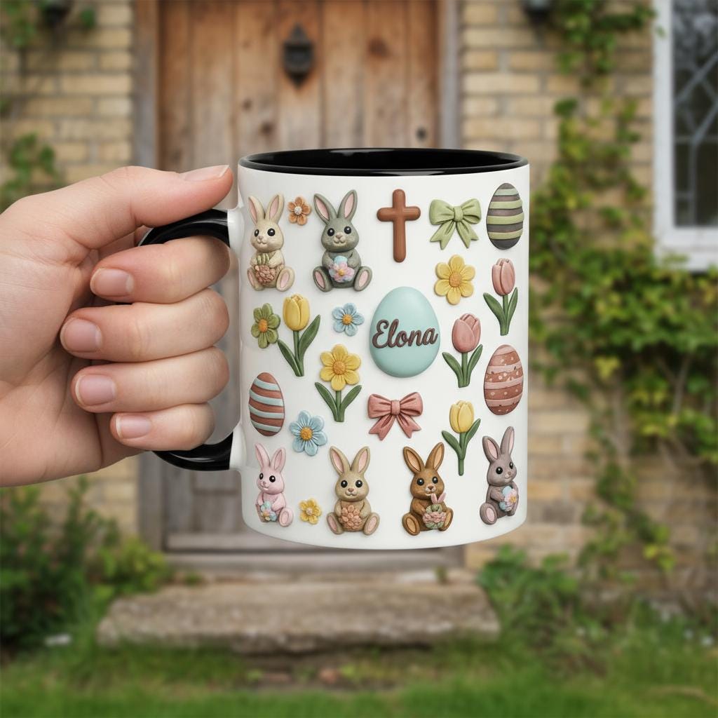 Retro Personalized Bunny Easter Mug, Custom Name Easter Eggs Coffee Mugs, Cute Rabbit Easter Day Cup - image 3