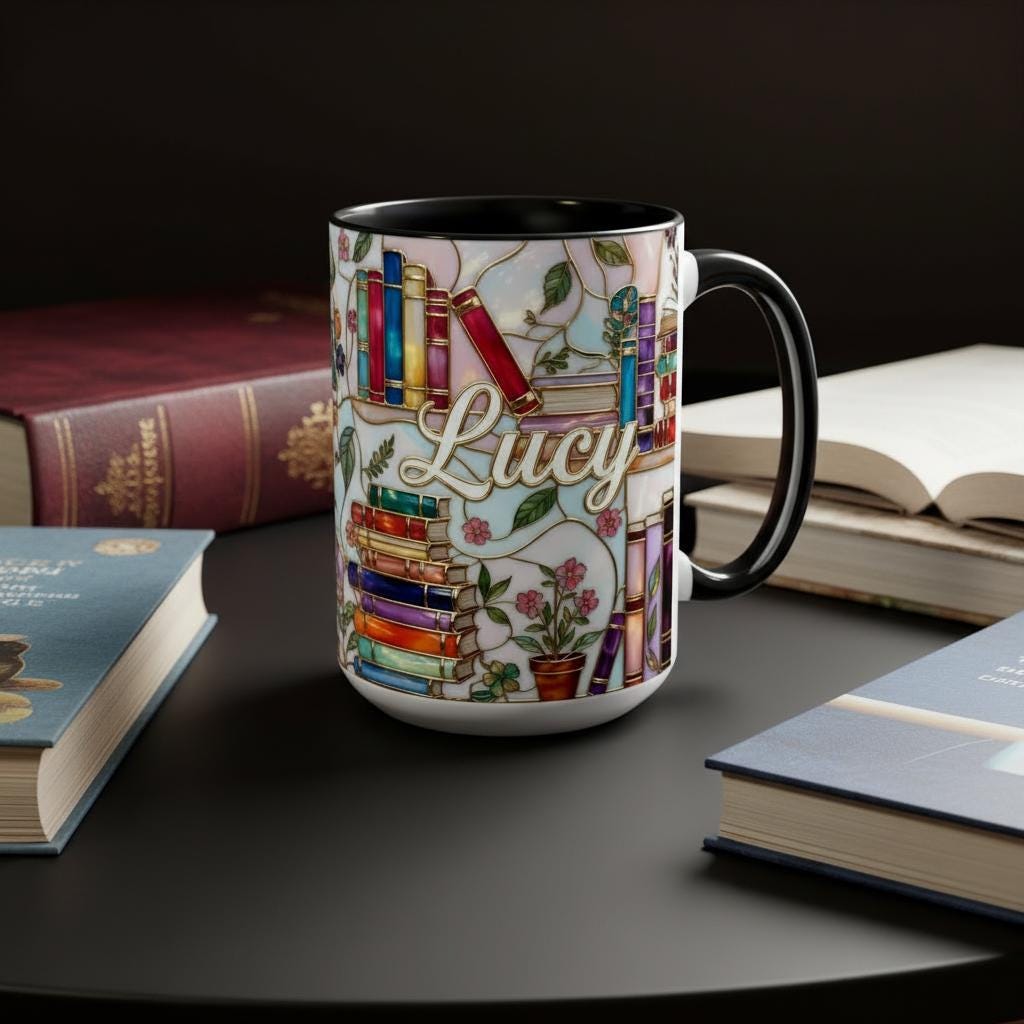 Personalized Book Lover Mug, Custom Name Bookish Stained Glass Style Coffee Cup, Gift for Reading Lover - image 2