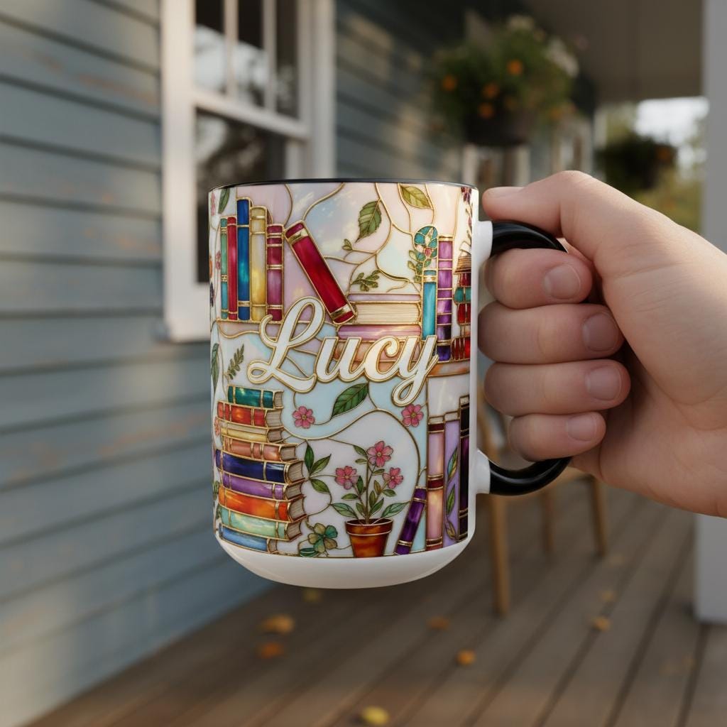 Personalized Book Lover Mug, Custom Name Bookish Stained Glass Style Coffee Cup, Gift for Reading Lover - image 3