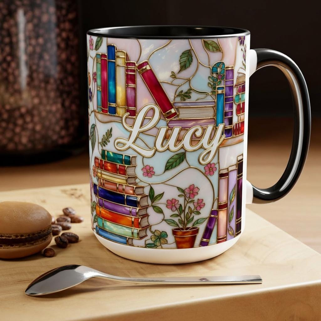 Personalized Book Lover Mug, Custom Name Bookish Stained Glass Style Coffee Cup, Gift for Reading Lover