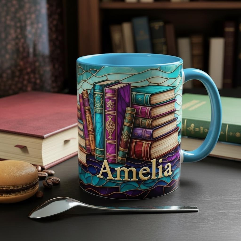 Personalized Bookshelf Stained Glass Style Mug, Custom Name Bookish Coffee Cup, Gift for Reading Lover