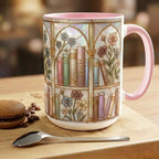 Personalized Floral Bookshelf Coffee Mug: Bookish Faux Stained Glass Style, 2D Flat Ceramic Mug