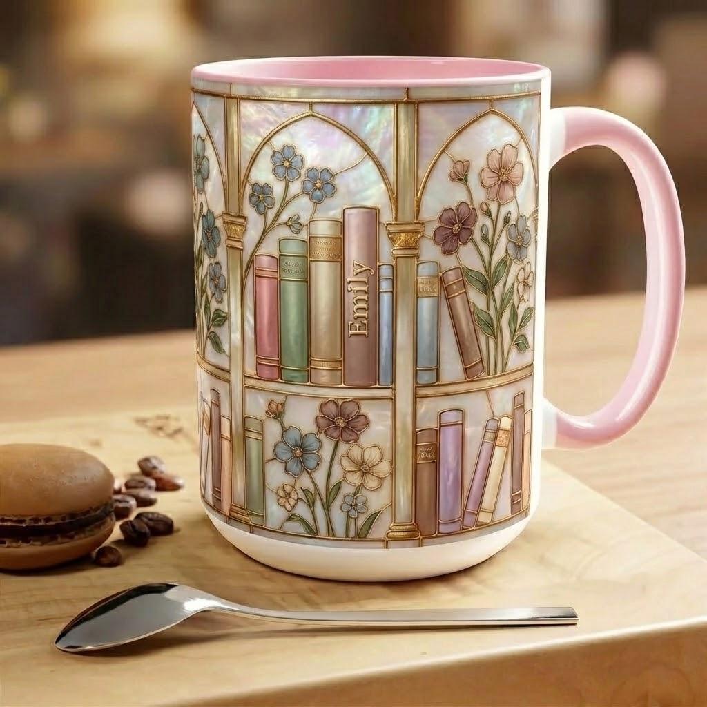 Personalized Floral Bookshelf Coffee Mug: Bookish Faux Stained Glass Style, 2D Flat Ceramic Mug