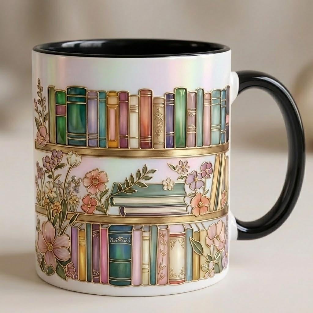 Floral Bookshelf Coffee Mug: Bookish Faux Stained Glass Style, 2D Flat Ceramic Mug - image 4