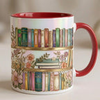 Floral Bookshelf Coffee Mug: Bookish Faux Stained Glass Style, 2D Flat Ceramic Mug - image 3
