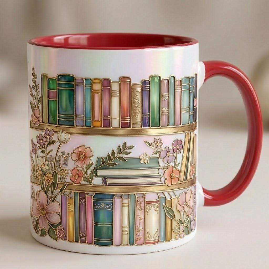 Floral Bookshelf Coffee Mug: Bookish Faux Stained Glass Style, 2D Flat Ceramic Mug - image 3