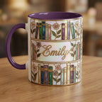 Custom Name Floral Bookshelf Coffee Mug: Bookish Faux Stained Glass Style, 2D Flat Ceramic Mug - image 2