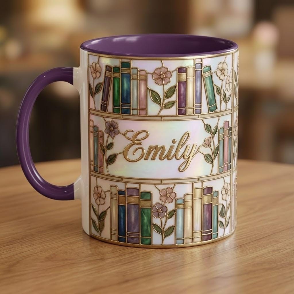 Custom Name Floral Bookshelf Coffee Mug: Bookish Faux Stained Glass Style, 2D Flat Ceramic Mug - image 2