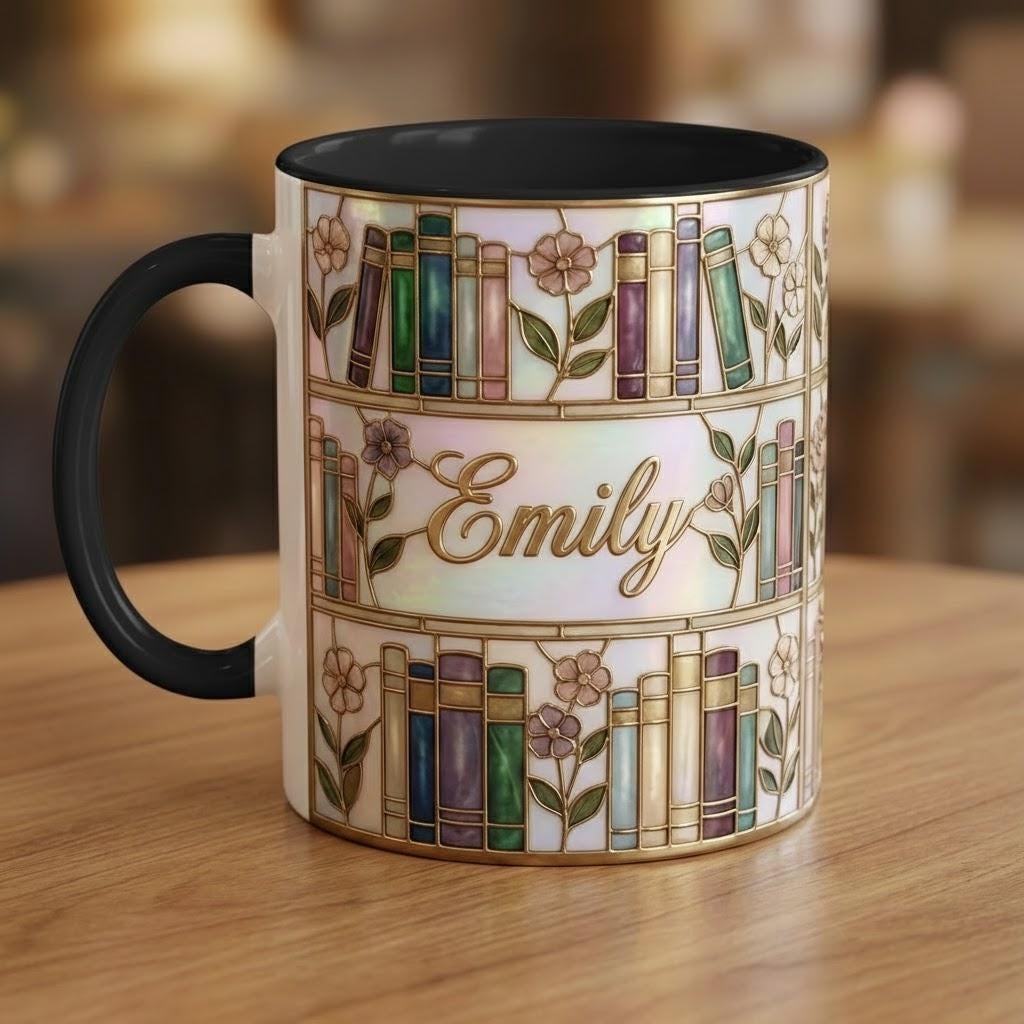 Custom Name Floral Bookshelf Coffee Mug: Bookish Faux Stained Glass Style, 2D Flat Ceramic Mug - image 4
