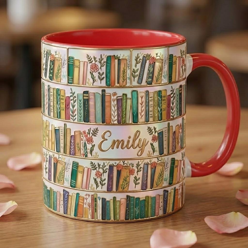 Personalized Floral Bookshelf Coffee Mug, Bookish Faux Stained Glass Style, 2D Flat Ceramic Mug - image 3