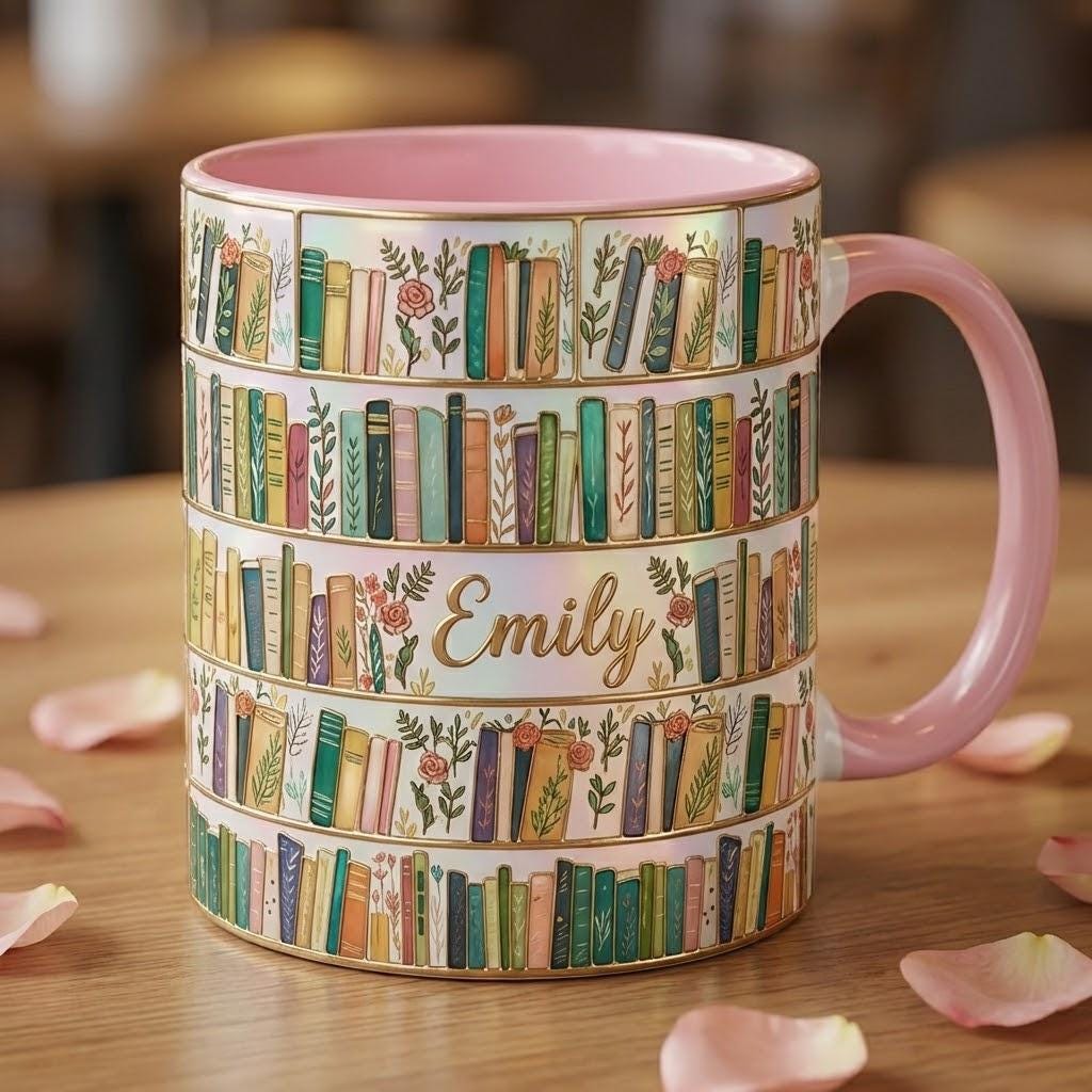 Personalized Floral Bookshelf Coffee Mug, Bookish Faux Stained Glass Style, 2D Flat Ceramic Mug