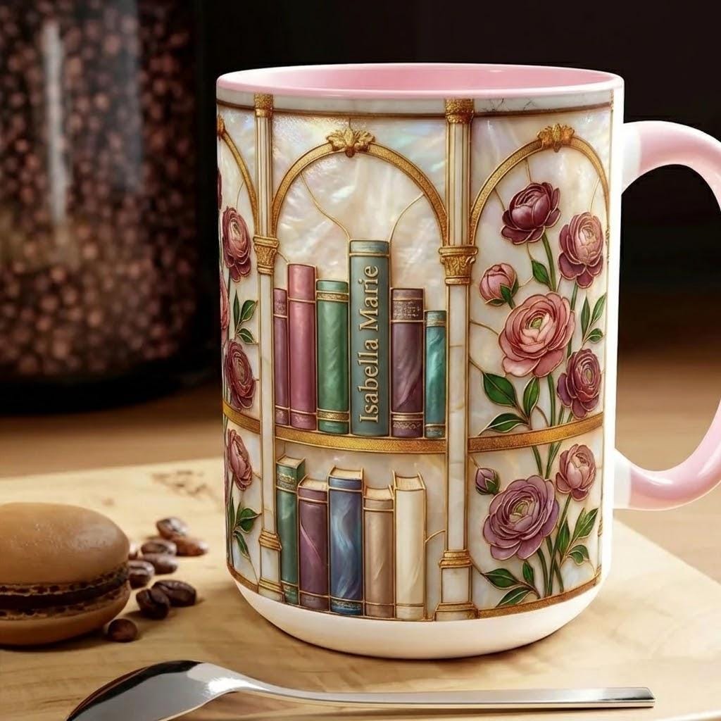 Custom Name Stained-Glass Style Floral Bookshelf Mug, Book Lover Gift, 2D Flat Bookish Mug