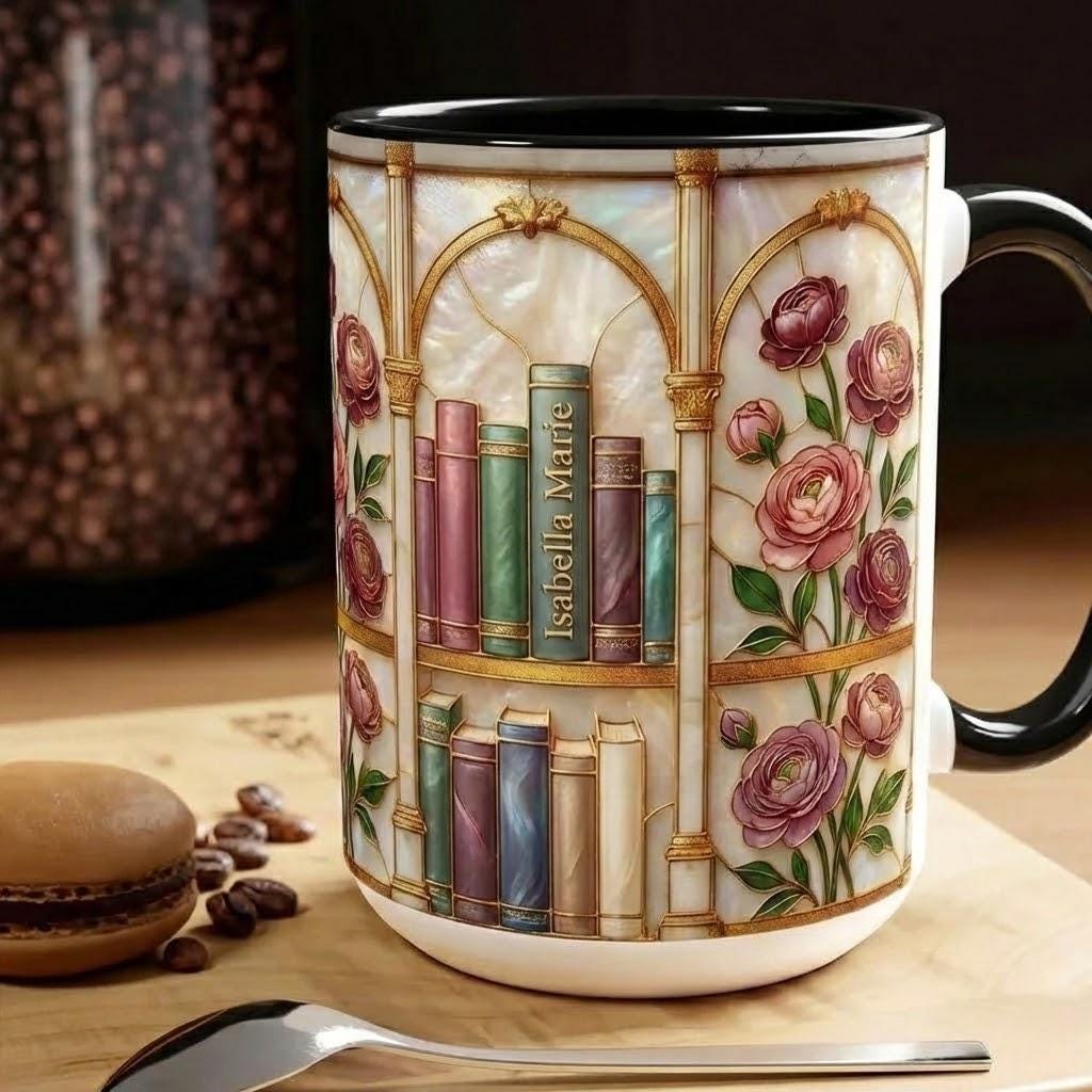 Custom Name Stained-Glass Style Floral Bookshelf Mug, Book Lover Gift, 2D Flat Bookish Mug - image 2