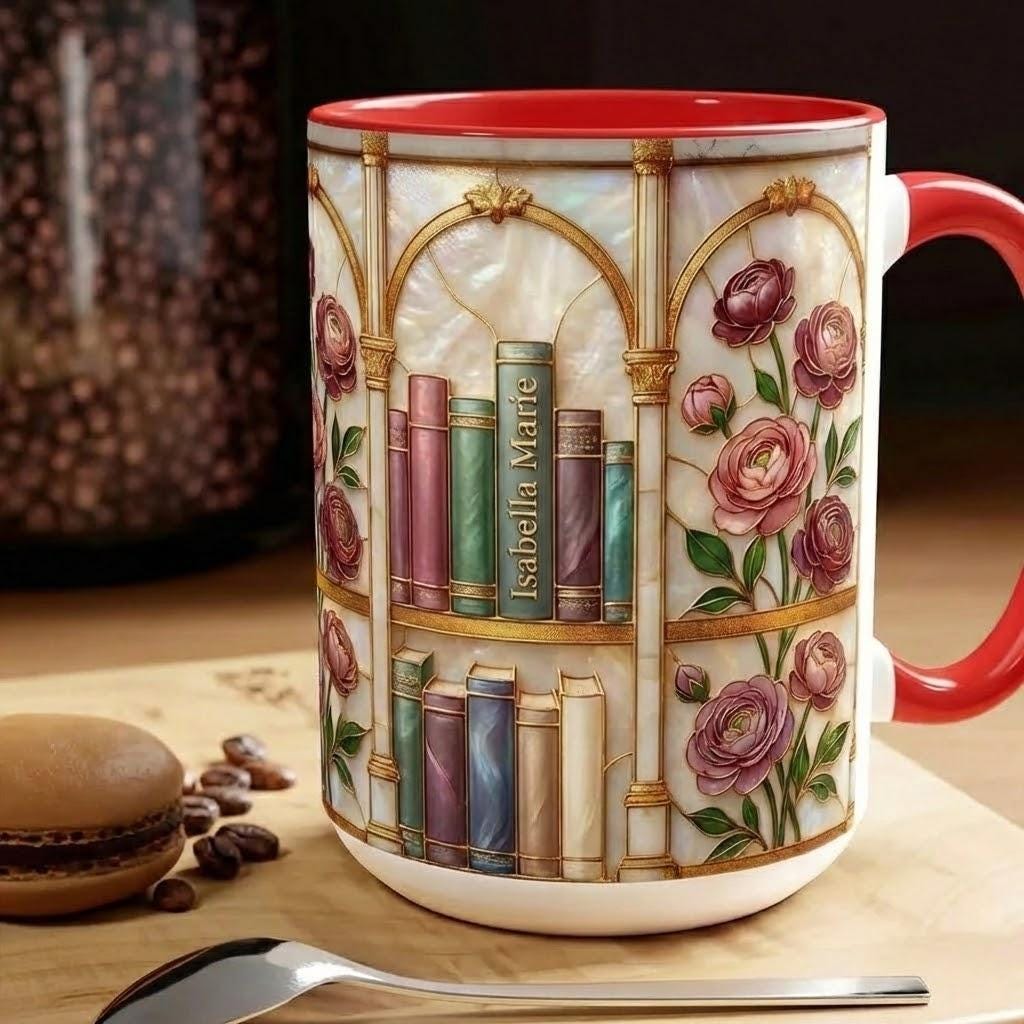 Custom Name Stained-Glass Style Floral Bookshelf Mug, Book Lover Gift, 2D Flat Bookish Mug - image 3