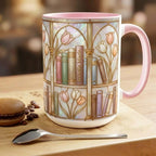 Custom Name Stained-Glass Style Floral Bookshelf Mug, Book Lover Gift, 2D Flat Ceramic Mug