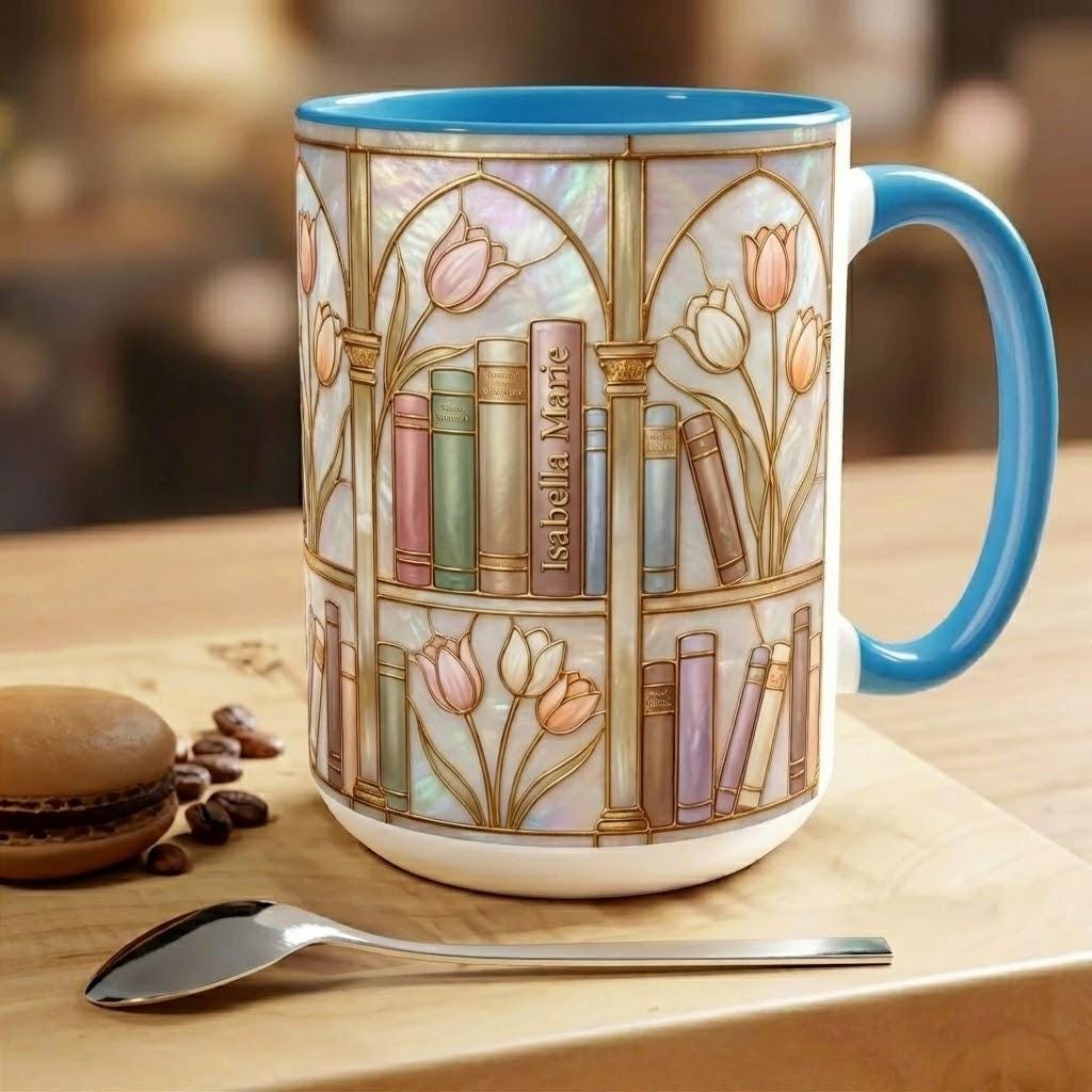 Custom Name Stained-Glass Style Floral Bookshelf Mug, Book Lover Gift, 2D Flat Ceramic Mug - image 4