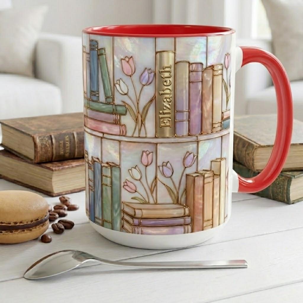 Personalized Stained-Glass Style Floral Bookshelf Mug, Book Lover Gift, 2D Flat Bookish Mug - image 3