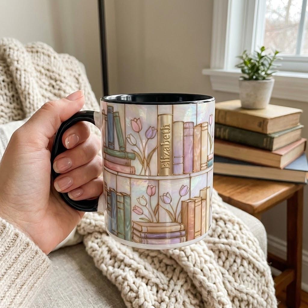 Personalized Stained-Glass Style Floral Bookshelf Mug, Book Lover Gift, 2D Flat Bookish Mug