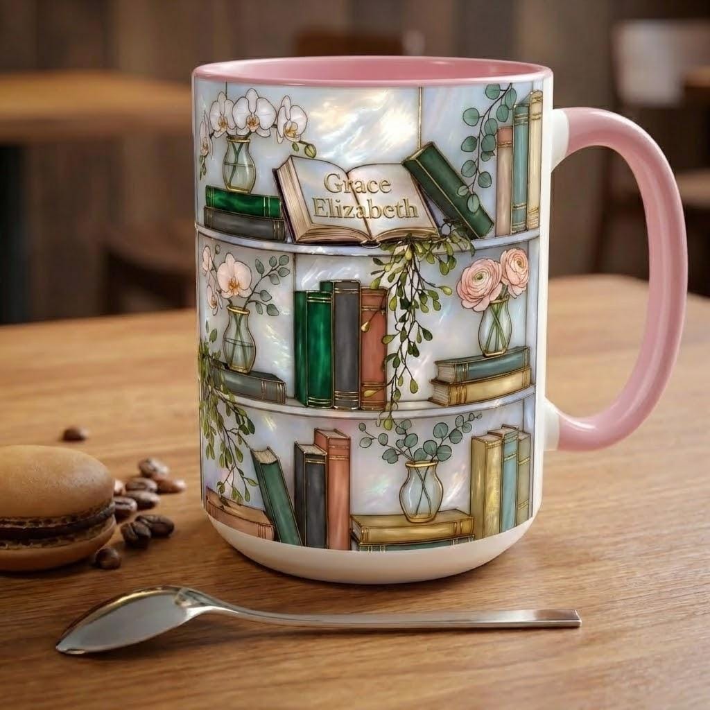 Personalized Stained-Glass Style Floral Bookshelf Mug, 2D Flat Book Lover Gift, Bookish Mug