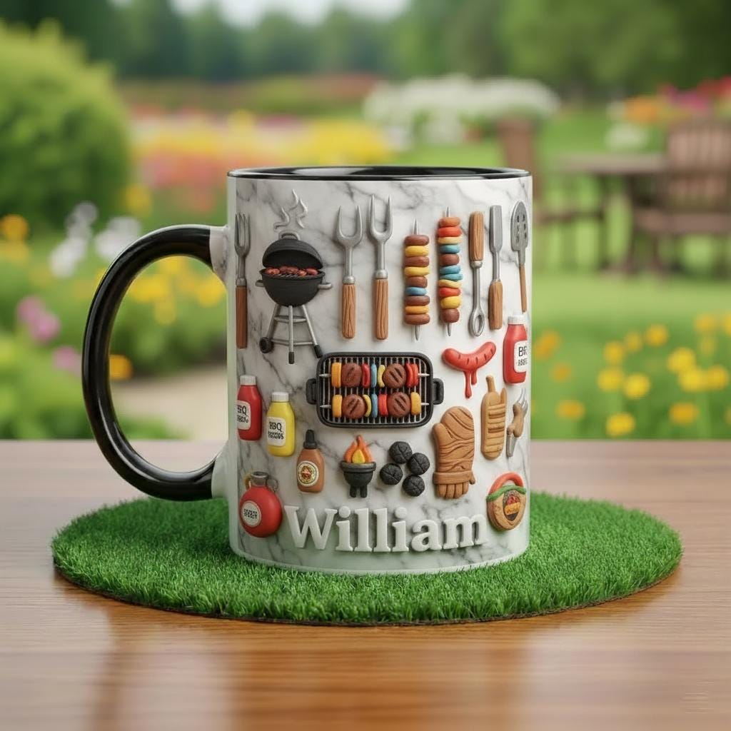 Personalized BBQ Mug, Custom Name Grilling Lover Coffee Cup, Gift for Men Women